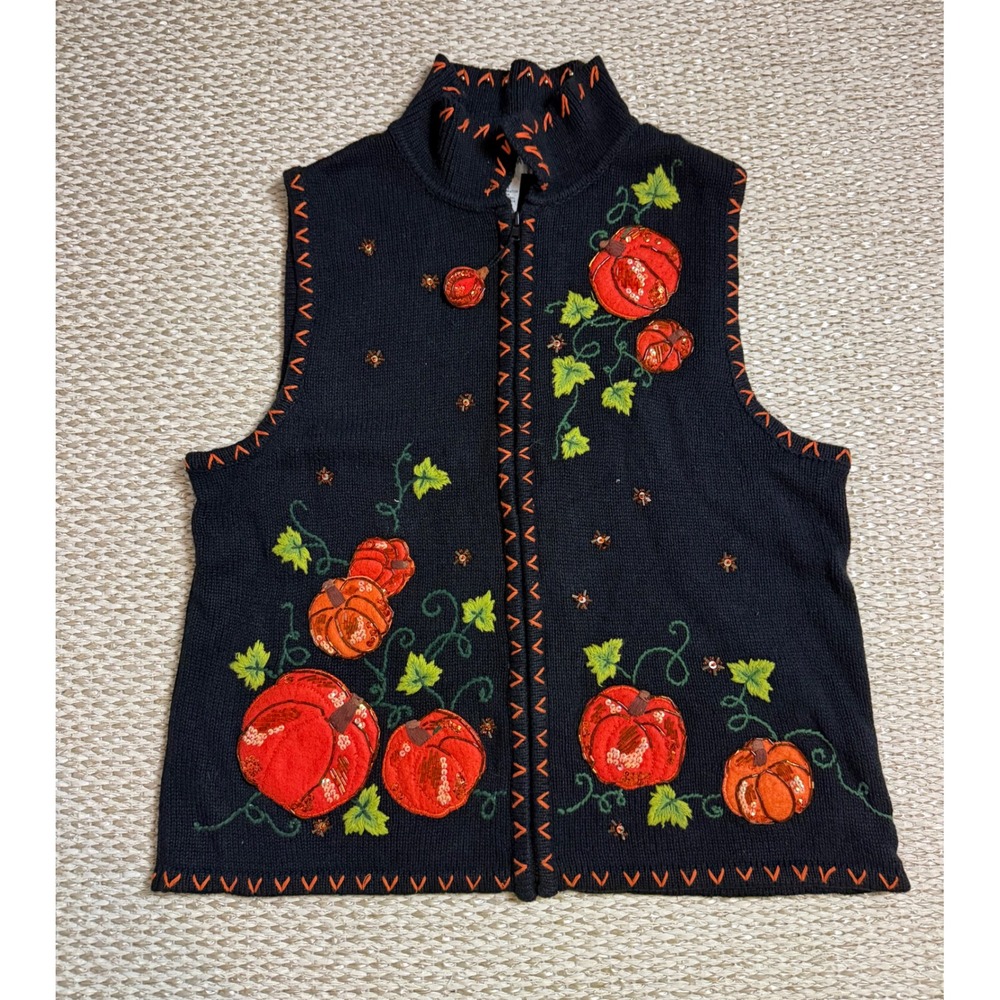 Halloween Black Pumpkin Embroidered Sequin Zip Up Knit Vest Large 12/14